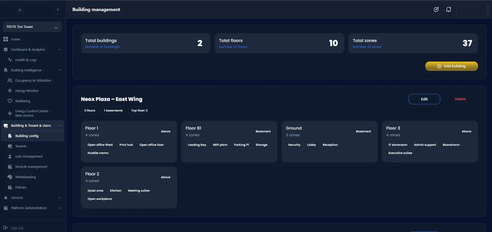 Centralized Building Configuration screen in the NEOX Infinity app