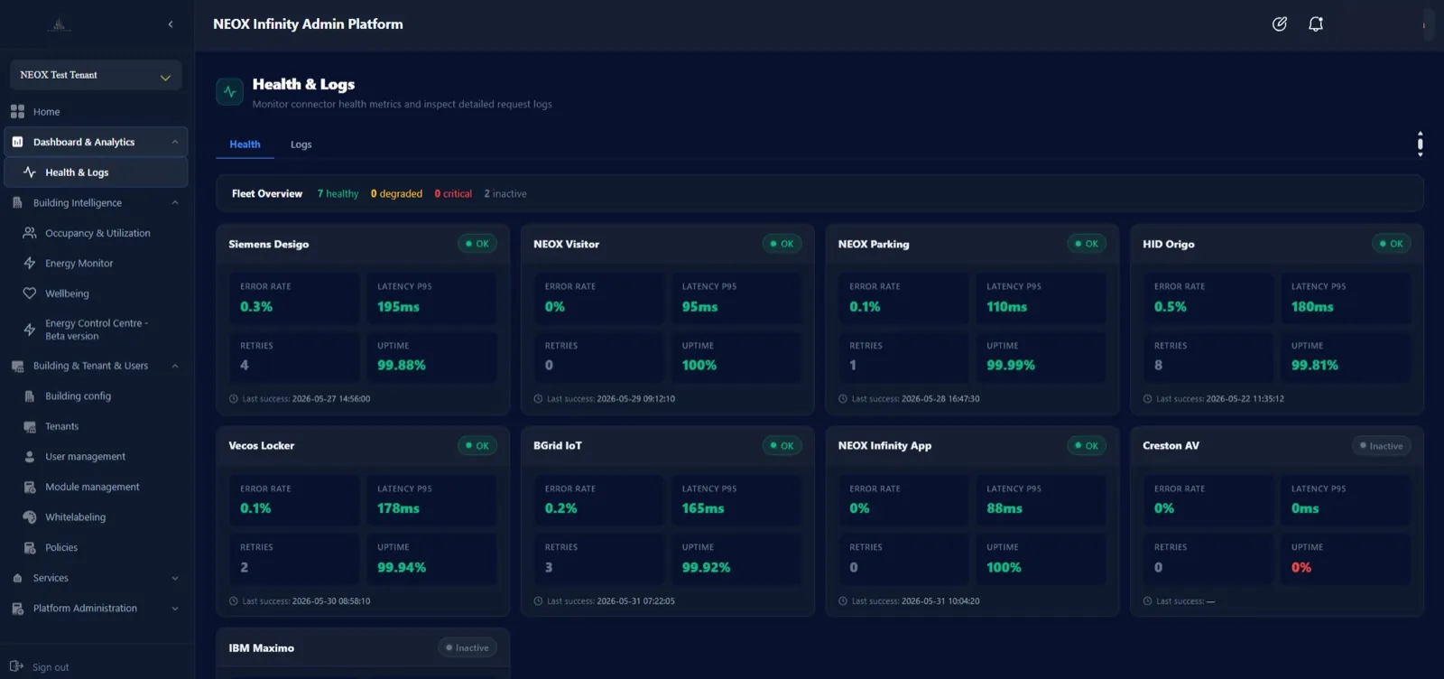 System Health & logs screen in the NEOX Infinity app