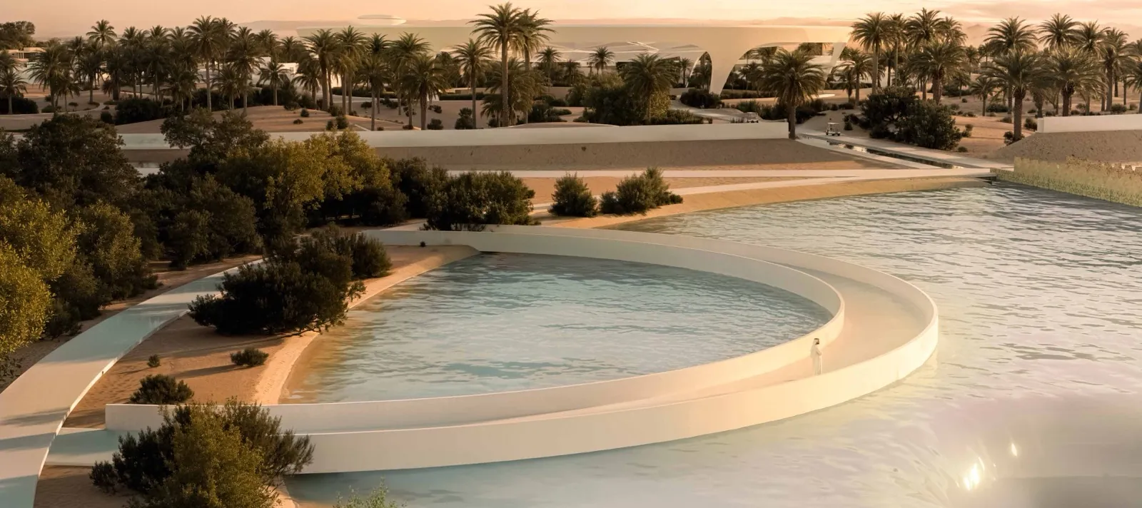 Najma Al Rimal – circular water features at sunset